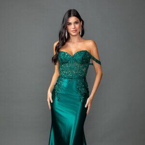 New Off Shoulder Maxi Prom Gown w/ Floral Lace Over Sheer Boned Bodice DQ 4540